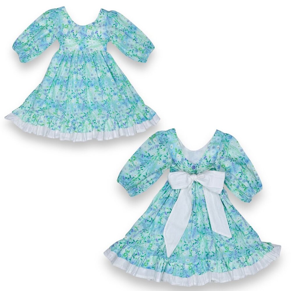 Girls Sweet Purple Floral 1/2 Puff Sleeve Big Back Bow Ruffle Twirl Dress 6